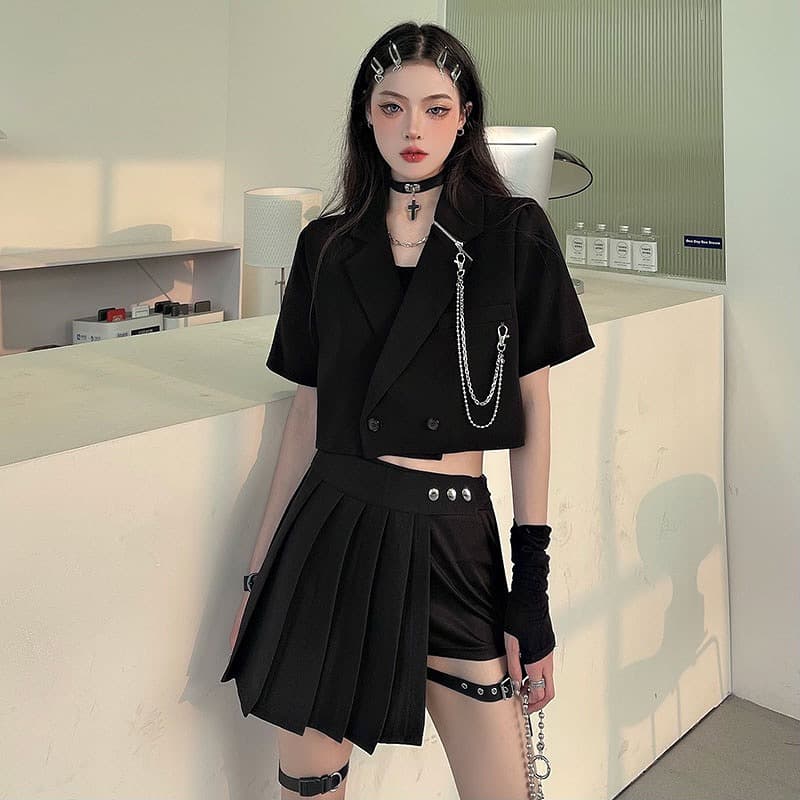 プリーツペチコートキュロット黒レザーベルト付き