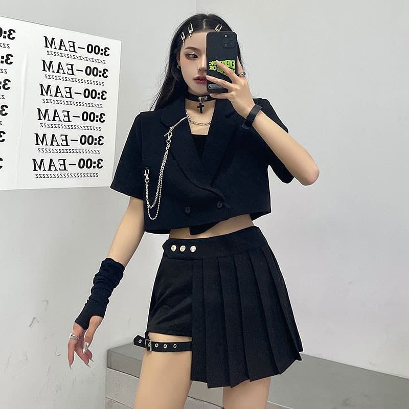 プリーツペチコートキュロット黒レザーベルト付き