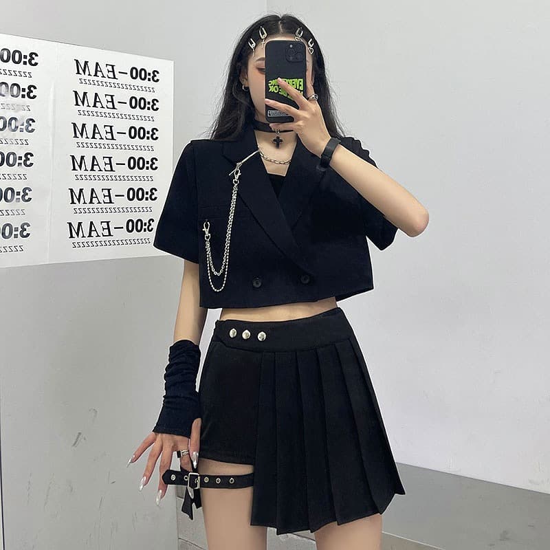 プリーツペチコートキュロット黒レザーベルト付き