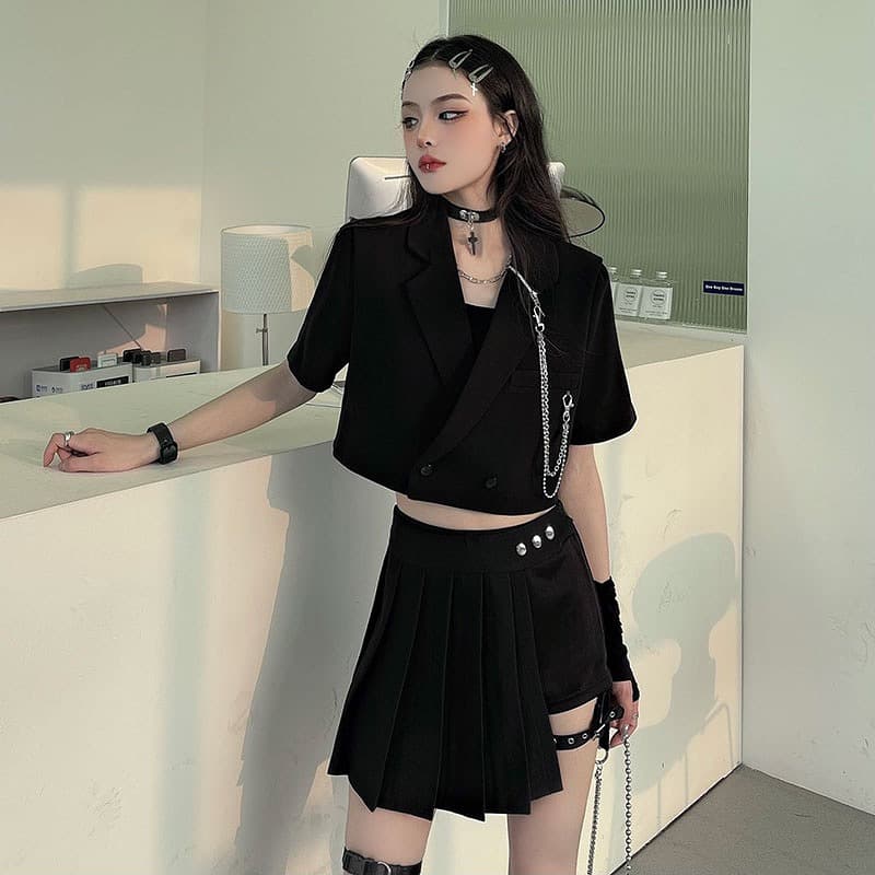 プリーツペチコートキュロット黒レザーベルト付き